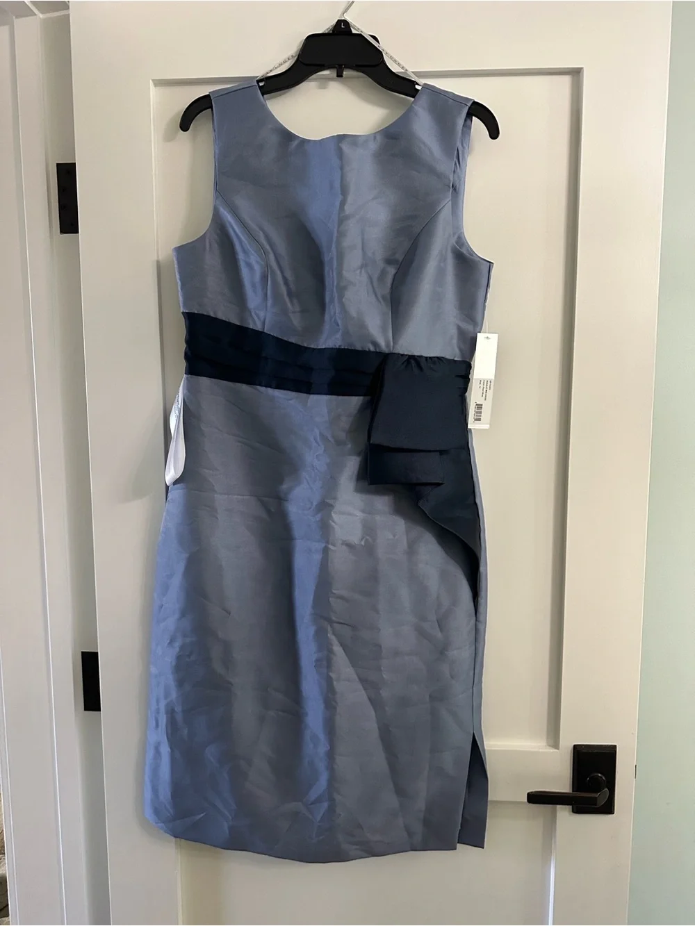Kay Unger Slate Blue Satin Midi Dress with Navy Waist Sash - Picture 1 of 5